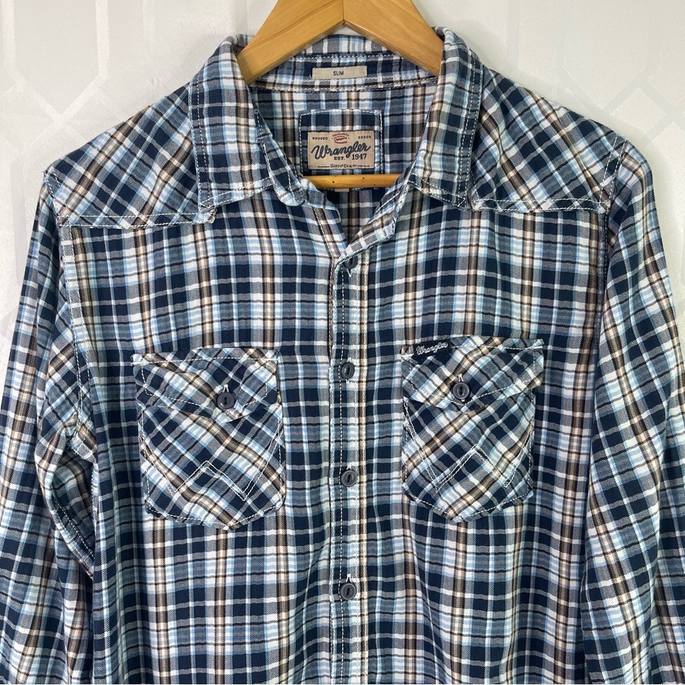 Wrangler Slim Fit Blue Cream Plaid Western Snap Shirt Size M